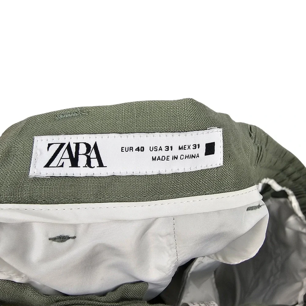 Zara Sage Green Linen Blend Drawstring Elastic Waist‎ Straight Leg Pants
